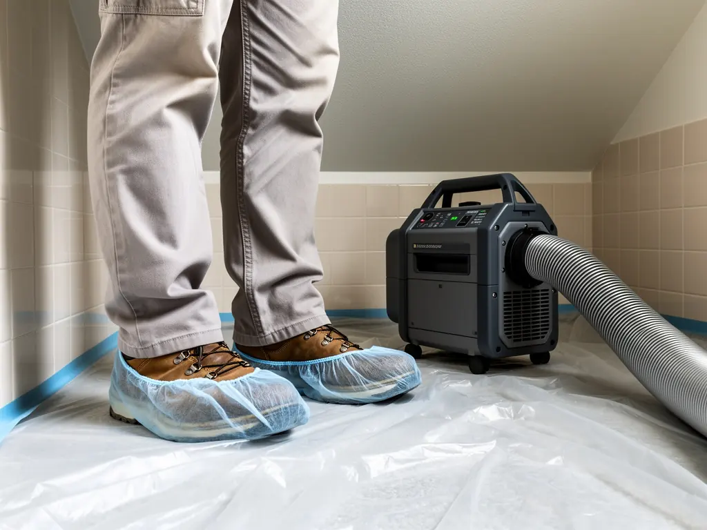 Boots and a HEPA air scrubber on plastic floor sheeting in a bathroom with tiled walls and a painted ceiling