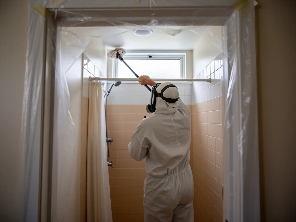 Worker seen from behind wiping a bathroom ceiling above the shower, with plastic sheeting over the doorway