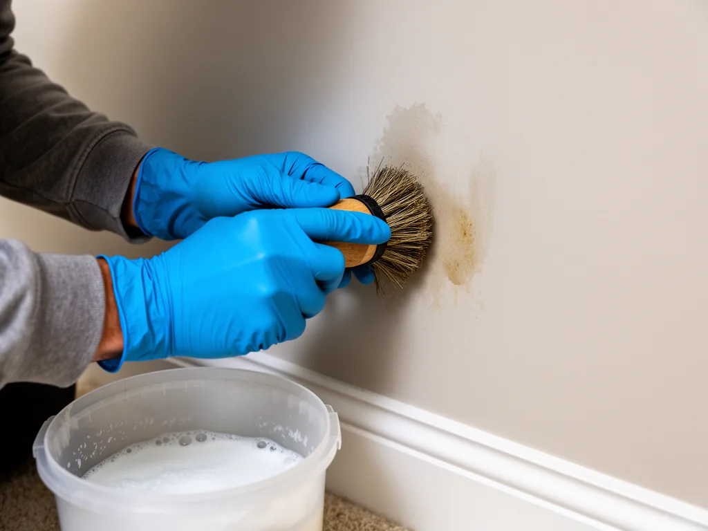 Gloved hands scrubbing a surface in a single-storey home bedroom with a painted ceiling and baseboards
