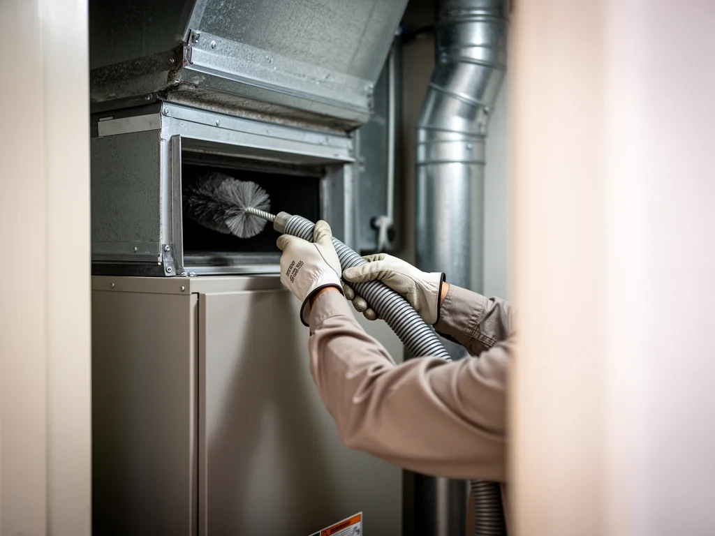 Gloved hands guiding a brush hose into a duct in a utility closet with an air handler and metal ductwork