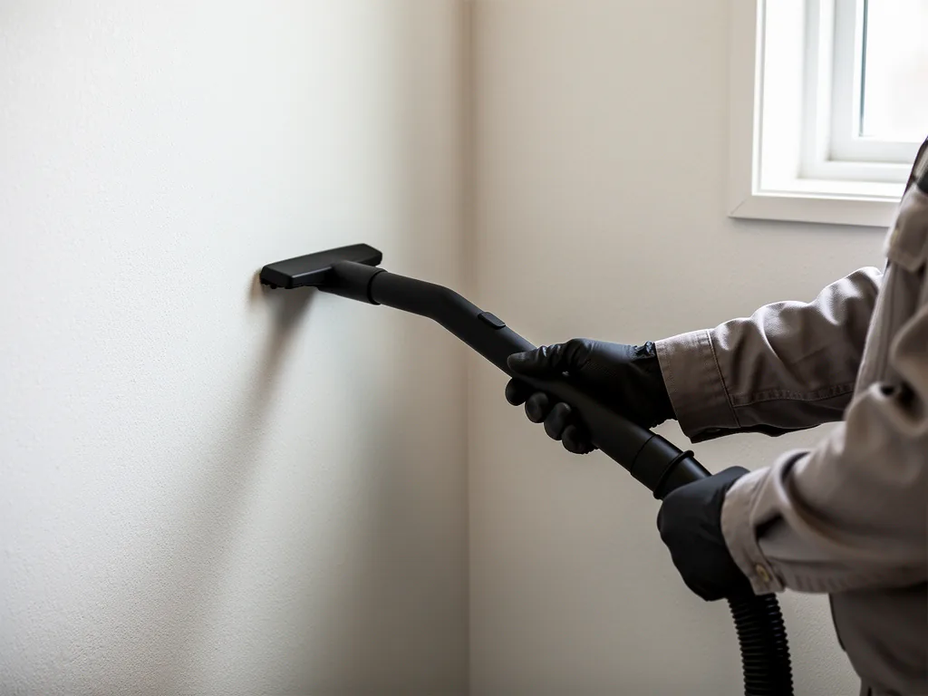 Gloved hands holding a HEPA vacuum nozzle against an interior painted drywall wall
